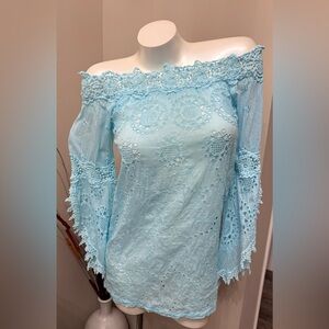 Temptation Positano Off Shoulder Eyelet Top Dress Blouse Teal/Blue Sz XS Silk